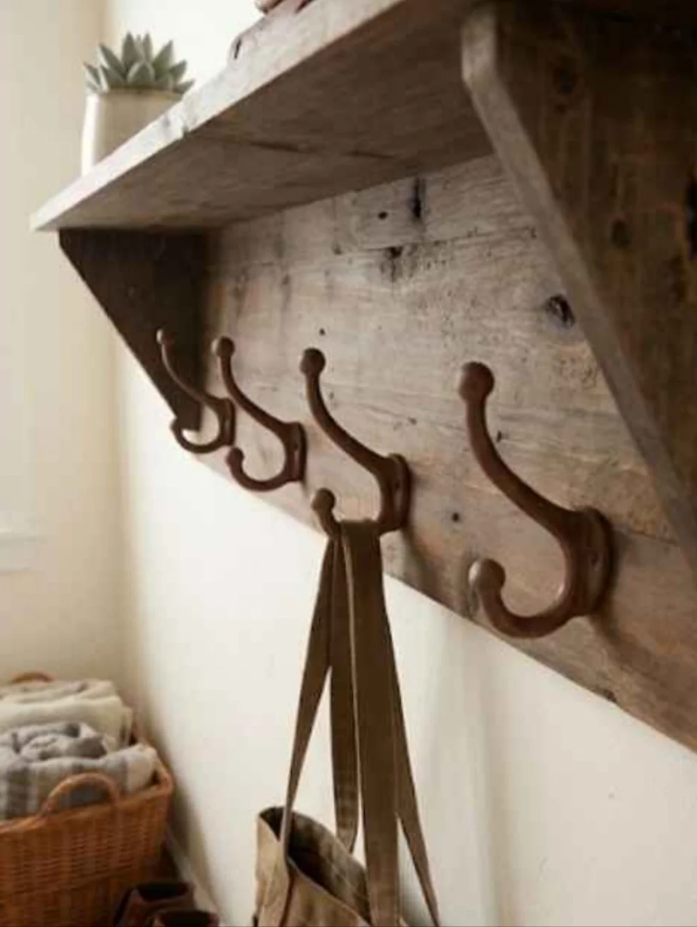 Wood Wall Shelf with Five Cast Iron Hooks - Classic Entryway Organizer